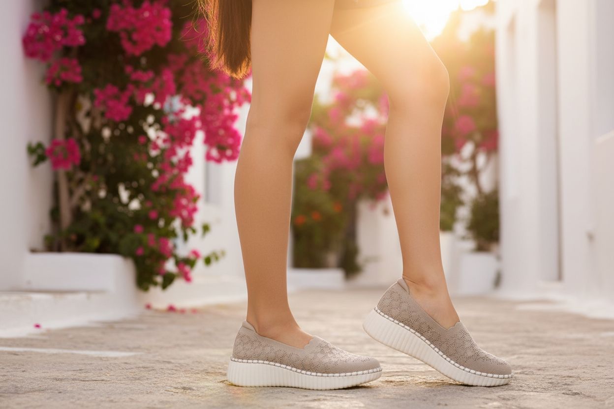Pair of Skechers women's trainers in neutral color, featuring sporty design and everyday comfort styling for casual athletic wear โ view 3