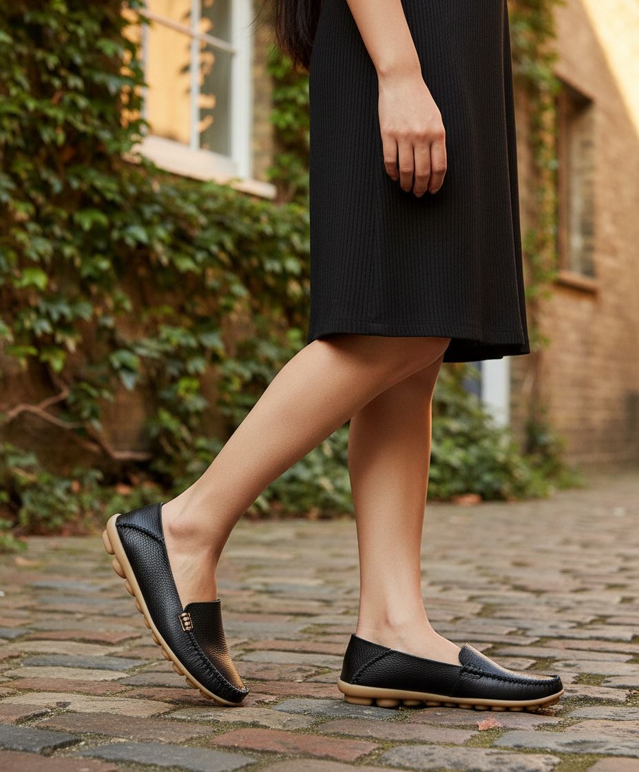 Pair of neutral minimalist slip-on loafers with cushioned insoles, shown from above on a white background โ view 3