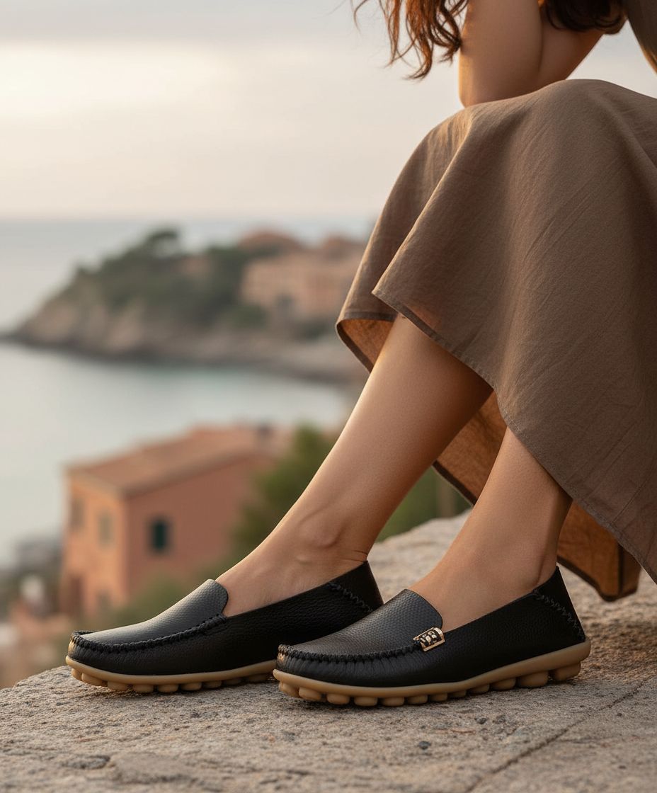 Pair of neutral minimalist slip-on loafers with cushioned insoles, shown from above on a white background โ view 4