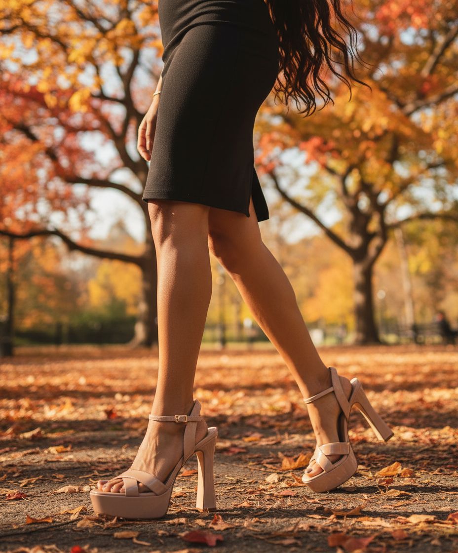 Neutral chunky platform heels with ankle strap, featuring a thick heel and supportive straps for date night or party wear — view 3a