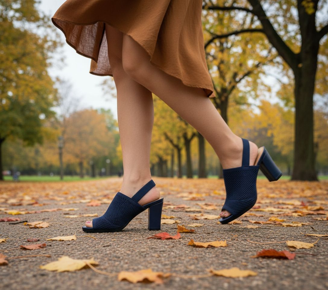 Neutral knit peep toe sandals with elastic slingback and chunky block heel, shown from the side โ view 3a