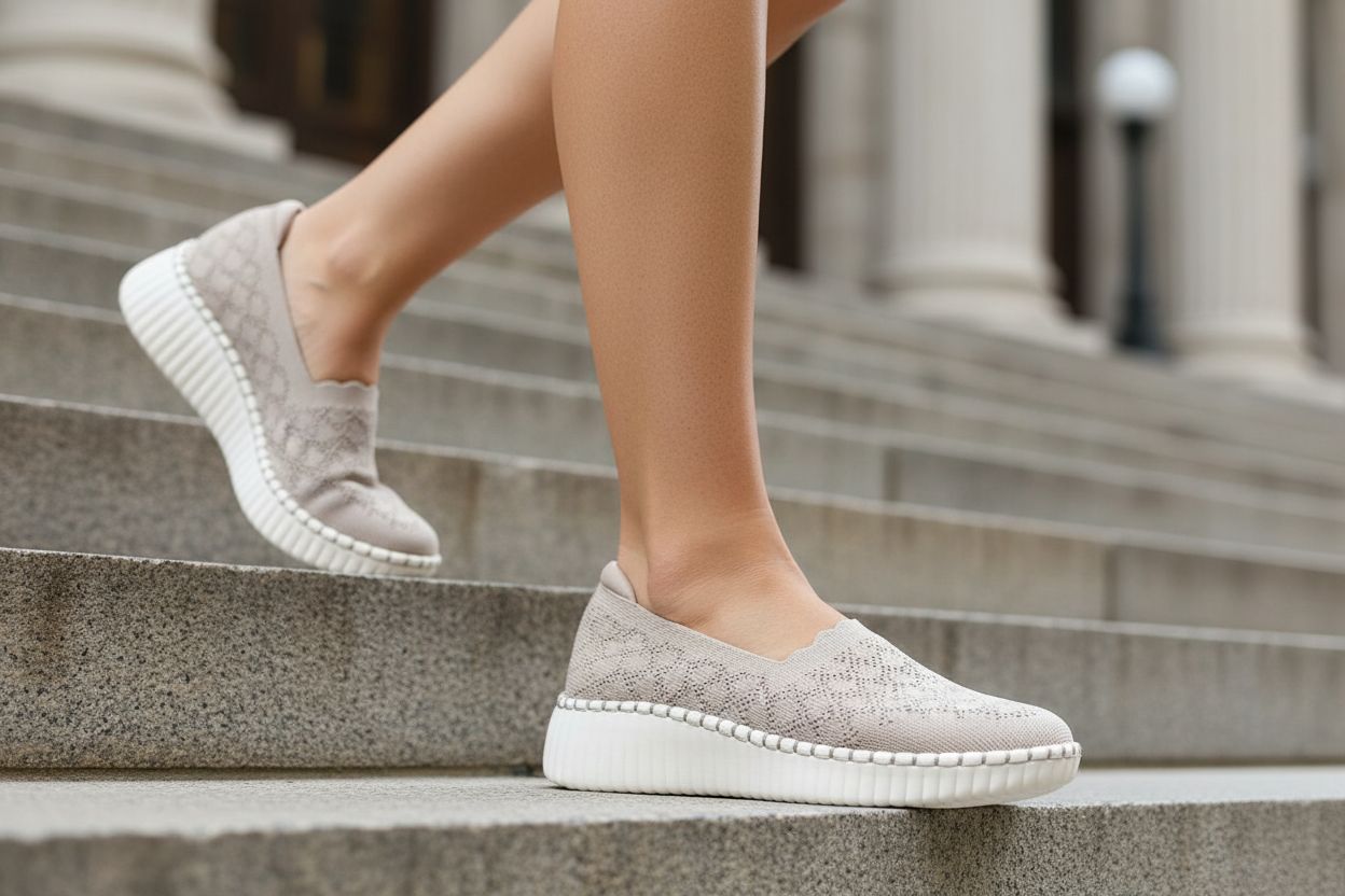 Pair of Skechers women's trainers in neutral color, featuring sporty design and everyday comfort styling for casual athletic wear โ view 3a