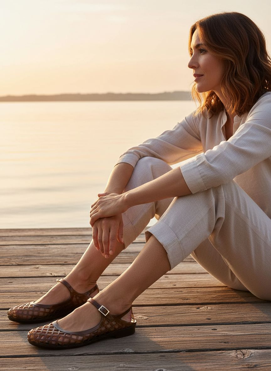 Neutral waterproof jelly Mary Jane flats with adjustable ankle strap and closed toe design โ view 4