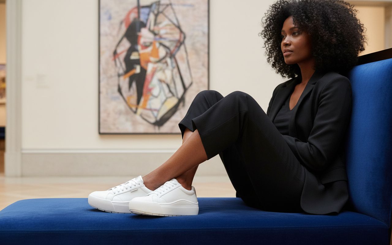 Pair of minimalist white sneakers with neutral tone, designed for casual wear and travel — view 4