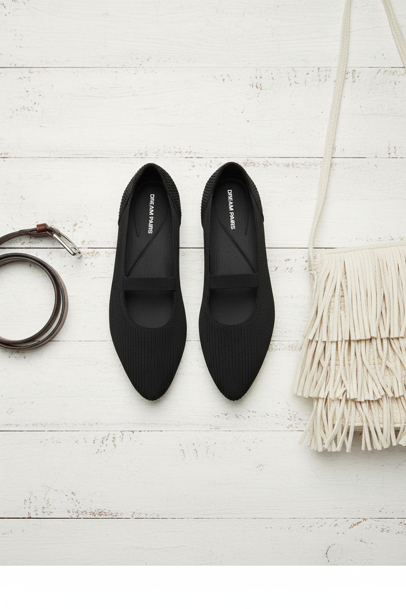 Neutral pointed-toe Mary Jane flats with classic silhouette, displayed on white background โ view 6