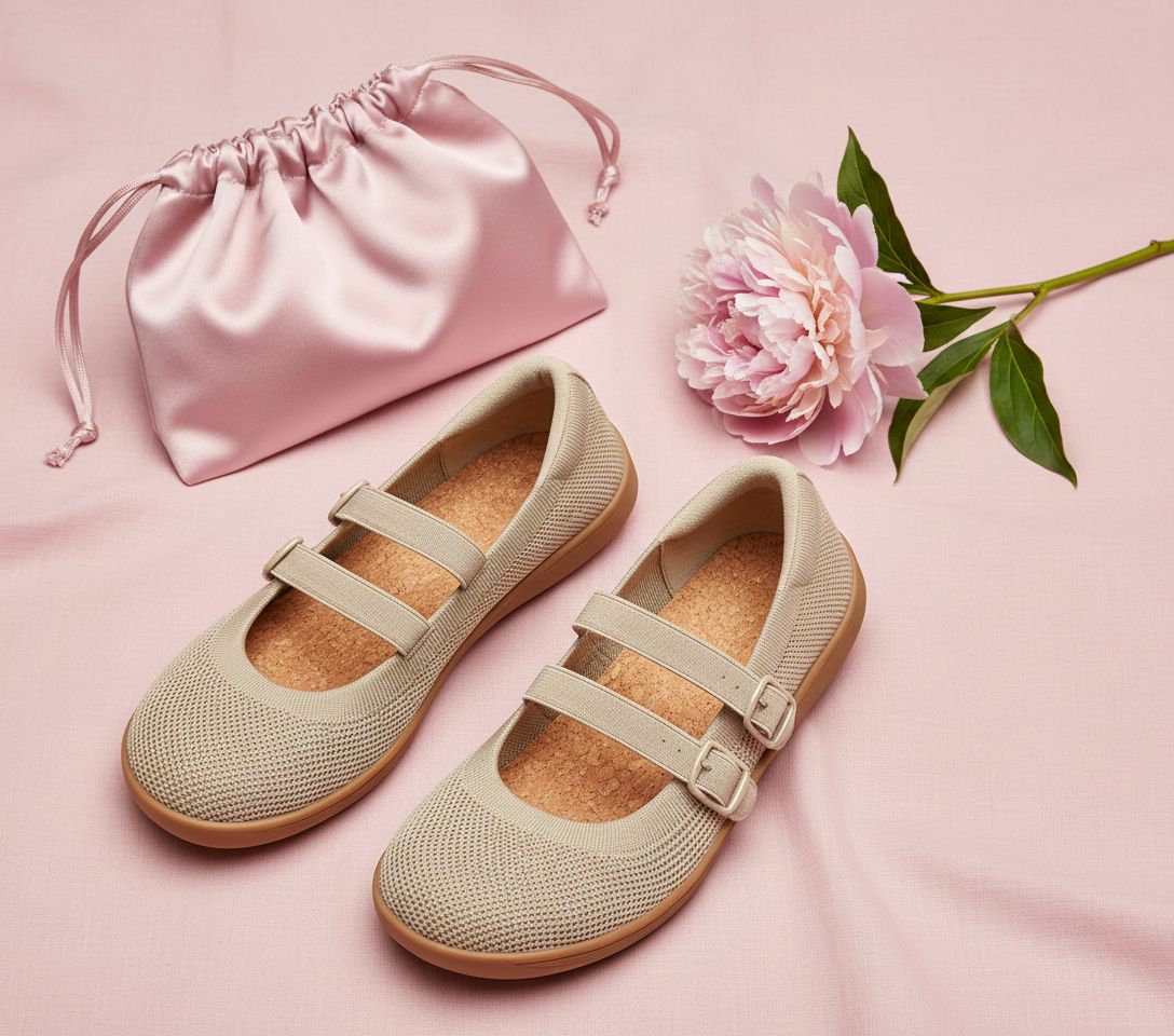 Neutral wide toe box mary jane flat shoes with zero drop sole, shown from the side — view 6