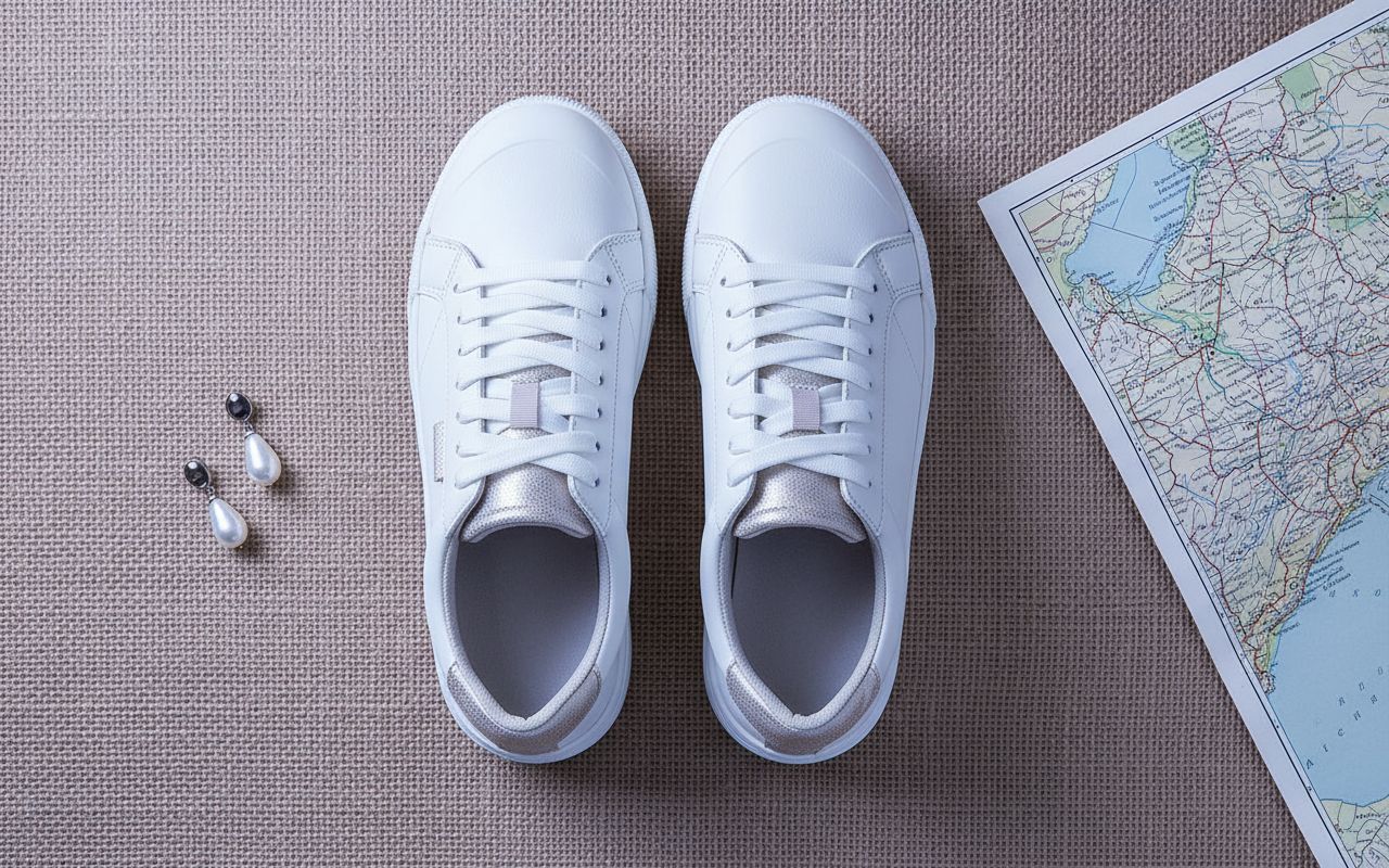 Pair of minimalist white sneakers with neutral tone, designed for casual wear and travel — view 6