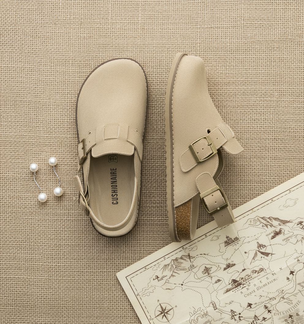 Neutral suede slingback clogs with buckle detail for women, minimalist mule-style flat shoe — view 6