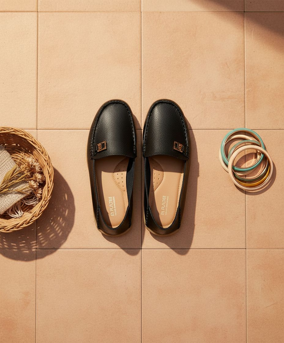 Pair of neutral minimalist slip-on loafers with cushioned insoles, shown from above on a white background โ view 6